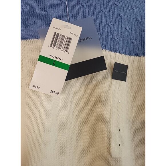 Calvin Klein Jeans Womens Mock Neck Cream & Blue Sweater Sz L - Picture 2 of 9